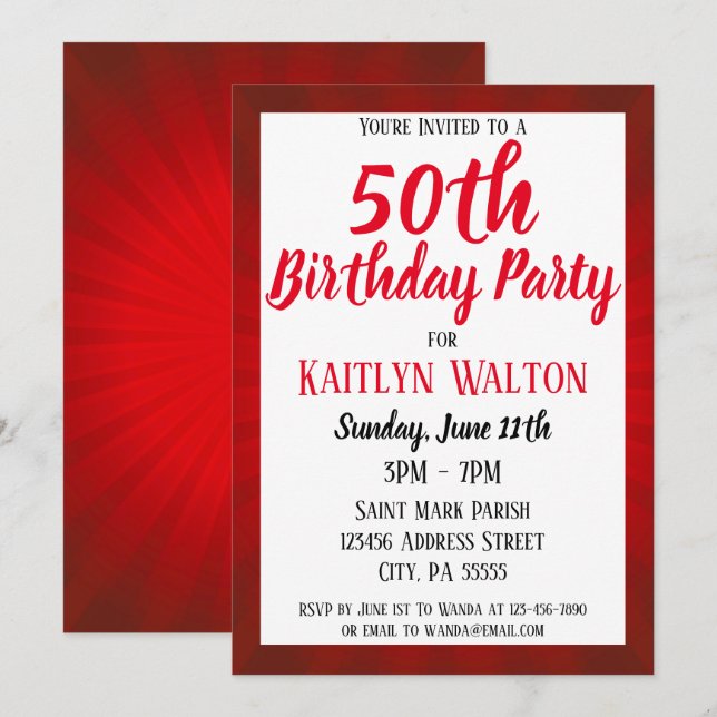 Red Sunburst 50th Birthday Party Invitation (Front/Back)