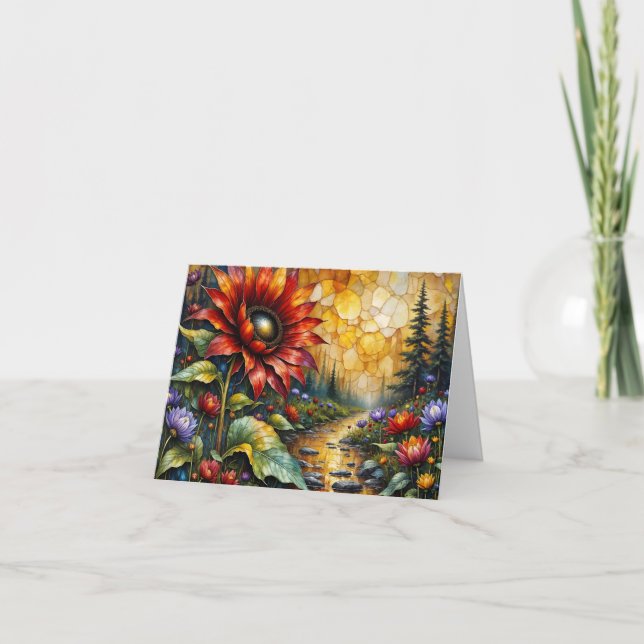 Red Sunflower in valley by stream Note Card (Front)