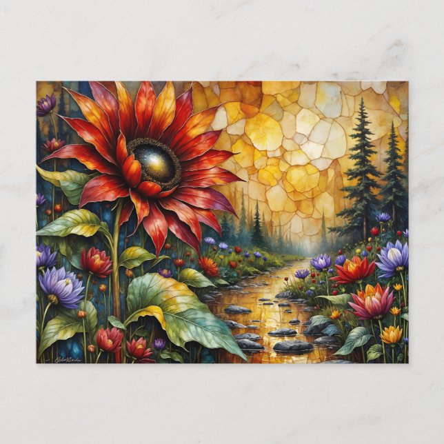 Red Sunflower in valley by stream Postcard (Front)