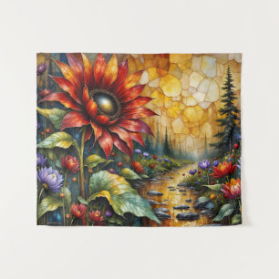 Red Sunflower in valley by stream Tapestry