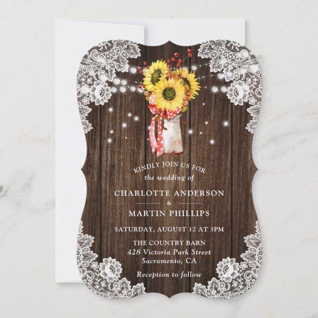 Red Sunflower Lace Wood String Lights Wedding  Invitation (Front)