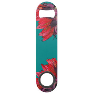 Red Sunflower Sideview Turquoise Bottle Opener