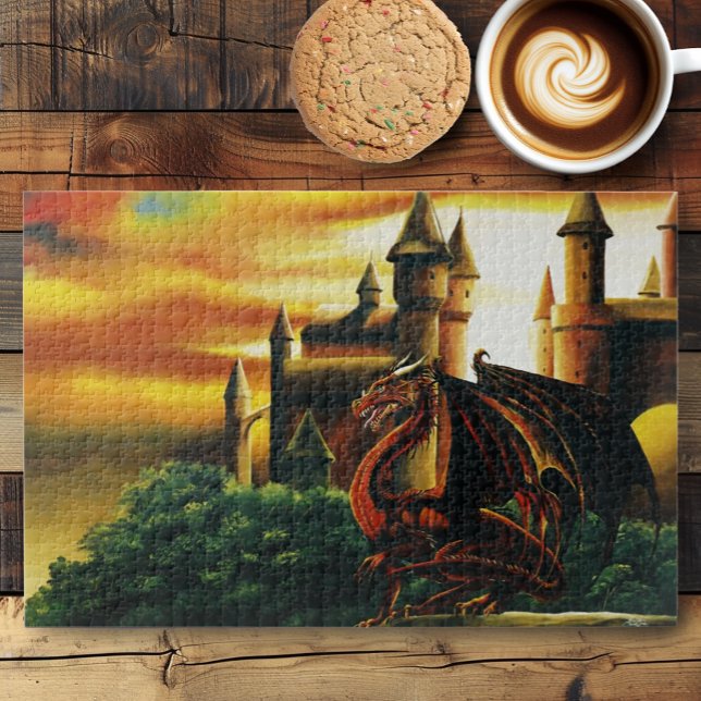 Red Sunset Castle Dragon Fantasy Jigsaw Puzzle (Creator Uploaded)