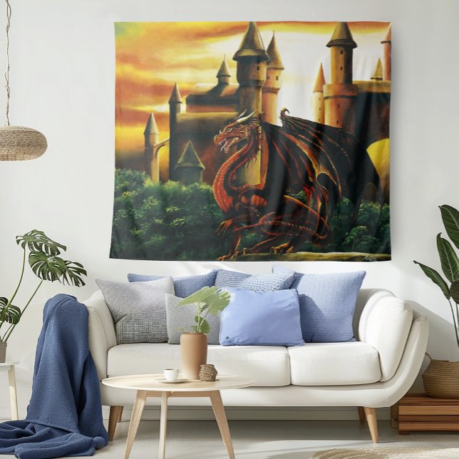 Red Sunset Castle Dragon Fantasy Tapestry (Creator Uploaded)