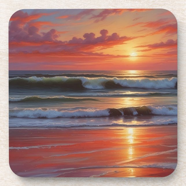 Red Sunset Ocean Seascape Painting Artwork Coaster (Front)