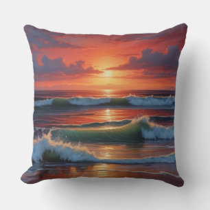Red Sunset Ocean Seascape Painting Artwork Cushion