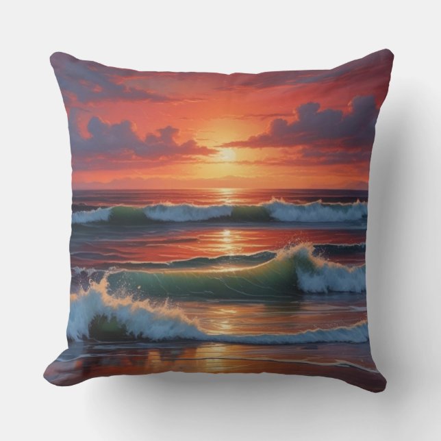Red Sunset Ocean Seascape Painting Artwork Cushion (Front)
