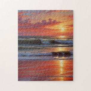 Red Sunset Ocean Seascape Painting Artwork Jigsaw Puzzle