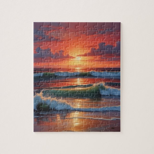 Red Sunset Ocean Seascape Painting Artwork Jigsaw Puzzle (Vertical)