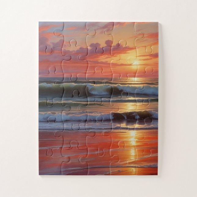 Red Sunset Ocean Seascape Painting Artwork Jigsaw Puzzle (Vertical)