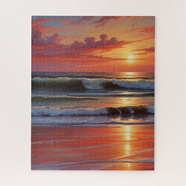Red Sunset Ocean Seascape Painting Artwork Jigsaw Puzzle (Vertical)