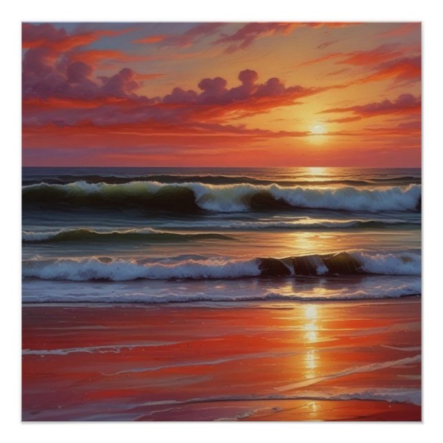 Red Sunset Ocean Seascape Painting Artwork Poster (Front)