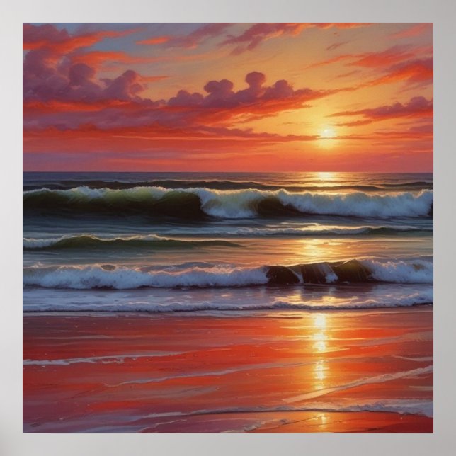 Red Sunset Ocean Seascape Painting Artwork Poster (Front)
