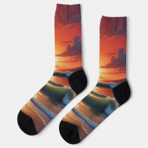Red Sunset Ocean Seascape Painting Artwork Socks