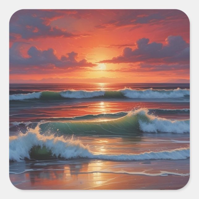 Red Sunset Ocean Seascape Painting Artwork Square Sticker (Front)