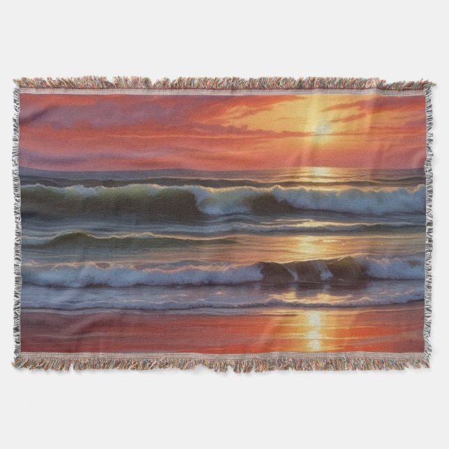 Red Sunset Ocean Seascape Painting Artwork Throw Blanket (Front)
