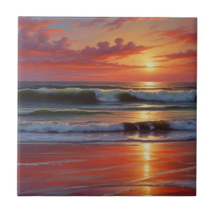 Red Sunset Ocean Seascape Painting Artwork Tile