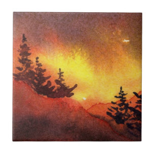 Red sunset original art Pine Tree  Tile