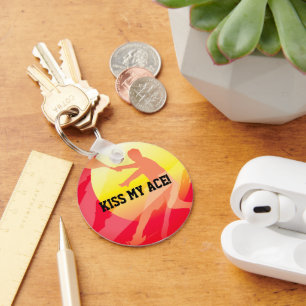 Red sunset tennis athlete silhouette personalized key ring