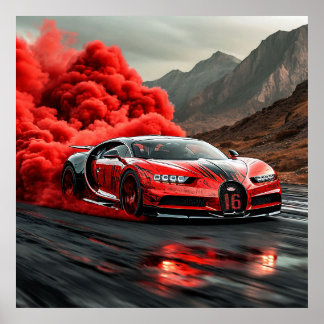🔥 Red Supercar Smoke Drift Speed Motion Urban Art Poster