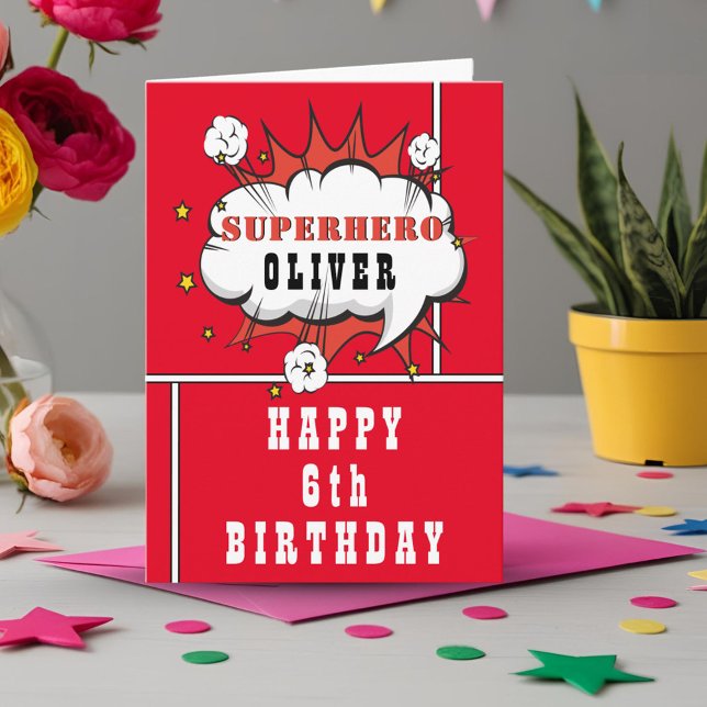 Red Superhero Comic Speech Bubble Boy Birthday Card (Creator Uploaded)
