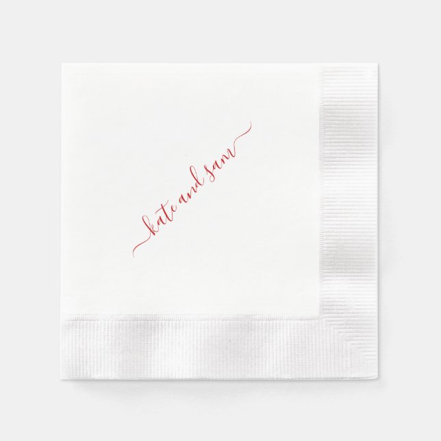 Red Swash Script Personalised Coined Wedding Napkin (Front)