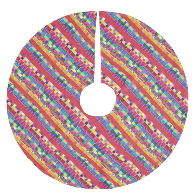 red swatches, stripes, and colourful pixels brushed polyester tree skirt (Front)