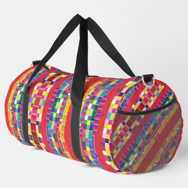red swatches, stripes, and colourful pixels duffle bag (Right Corner)