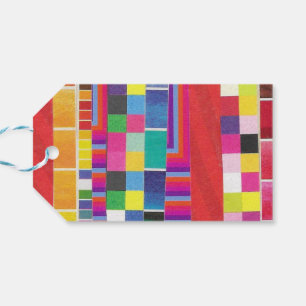 red swatches, stripes, and colourful pixels gift tags