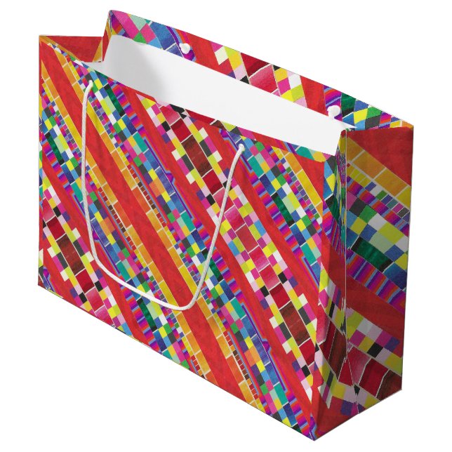 red swatches, stripes, and colourful pixels large gift bag (Front Angled)