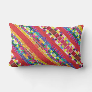 red swatches, stripes, and colourful pixels lumbar cushion