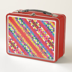 red swatches, stripes, and colourful pixels metal lunch box