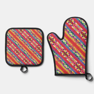 red swatches, stripes, and colourful pixels oven mitt & pot holder set