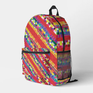 red swatches, stripes, and colourful pixels printed backpack