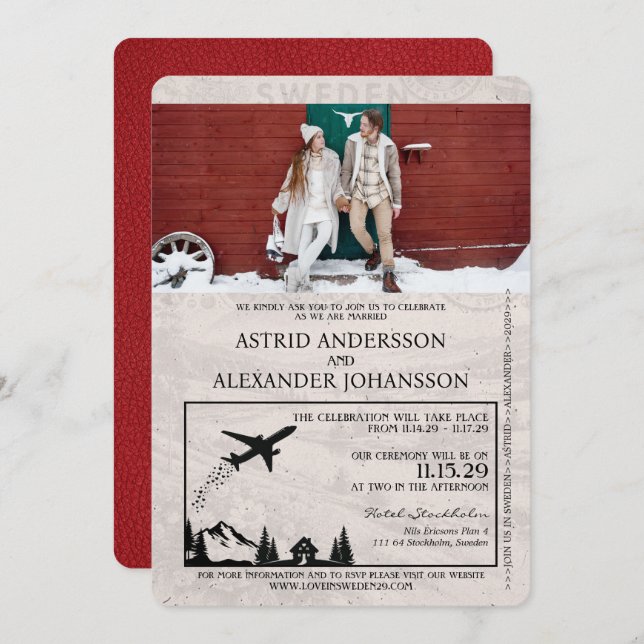 Red Sweden Passport Wedding Invitation (Front/Back)