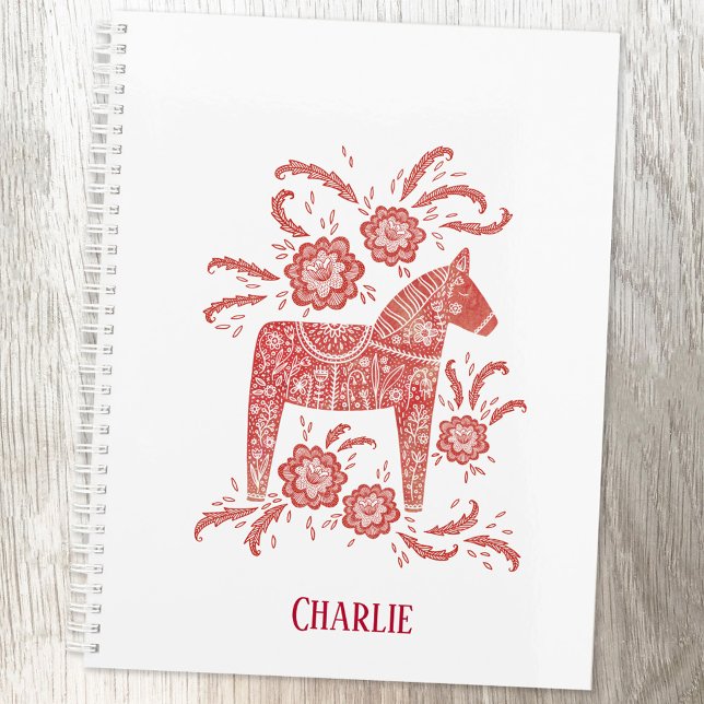 Red Swedish Dala Horse Custom Name Notebook (Swedish Dala Horse red and white folk art personalized name notebook with choice of interior)