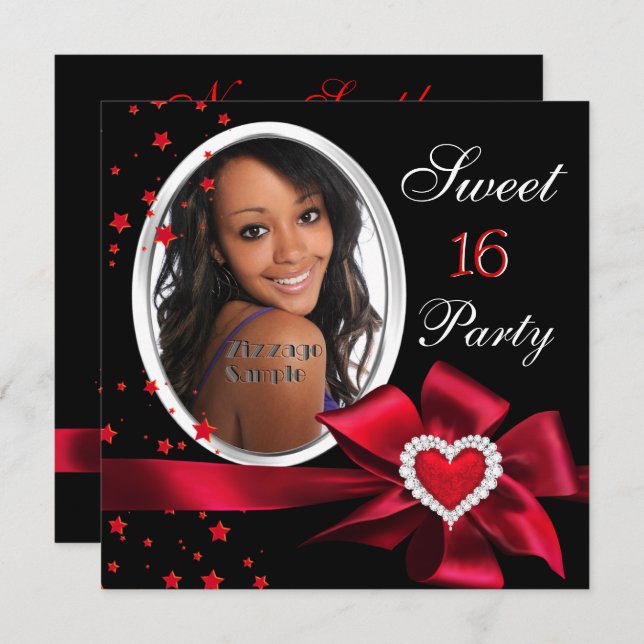 Red Sweet 16 Birthday Party Heart Photo Silver Invitation (Front/Back)