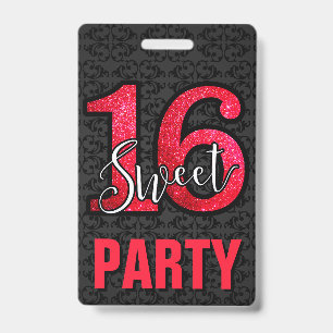 Red Sweet 16 Birthday Party Invitation ID Card Badge