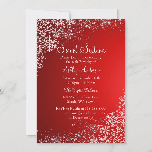 Red Sweet 16 Winter Wonderland Sparkle Snowflakes Invitation (Front)