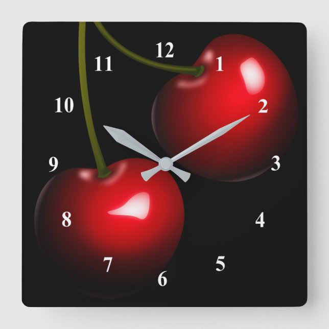 Red Sweet Cherry - Choose / Add Your Colour Square Wall Clock (Front)
