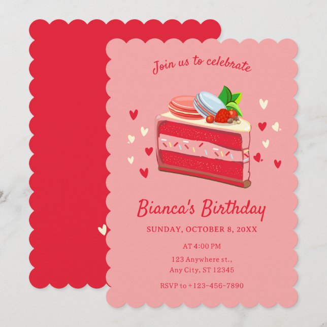 Red sweet cute cake birthday  invitation (Front/Back)
