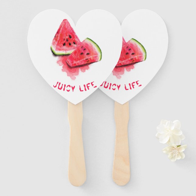 Red Sweet Juicy Watermelon Pieces Tasty - Drawing  Hand Fan (Front and Back)