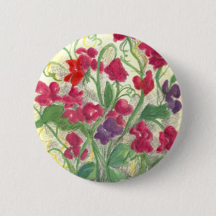 Red Sweet Pea Flower Garden Watercolor Drawing 6 Cm Round Badge