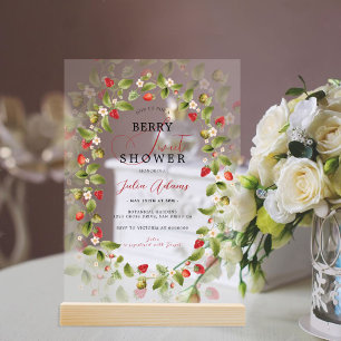 Red Sweet Strawberry Wildflower Wreath Baby Shower Acrylic Invitations