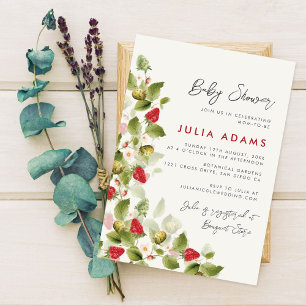 Red Sweet Strawberry Wildflower Wreath Baby Shower Invitation