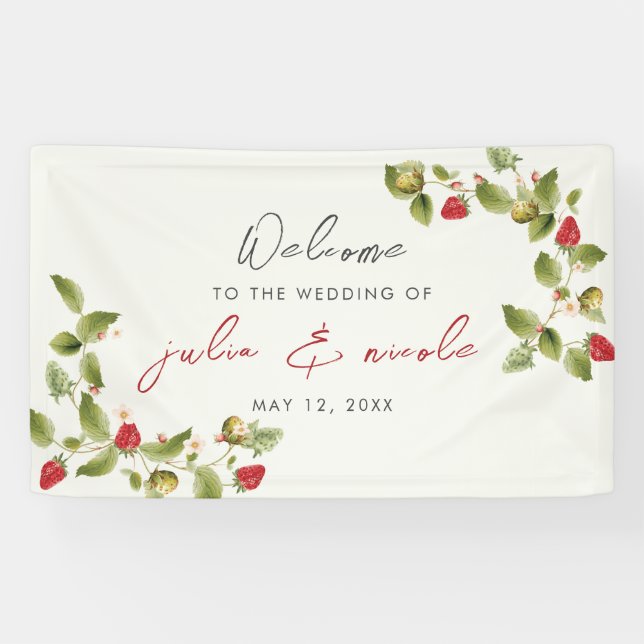 Red Sweet Wild Strawberry Flowers Wedding Banner (Horizontal)