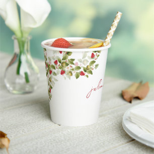 Red Sweet Wild Strawberry Flowers Wedding Paper Cups