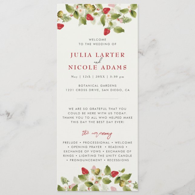 Red Sweet Wild Strawberry Flowers Wedding Programme (Front)