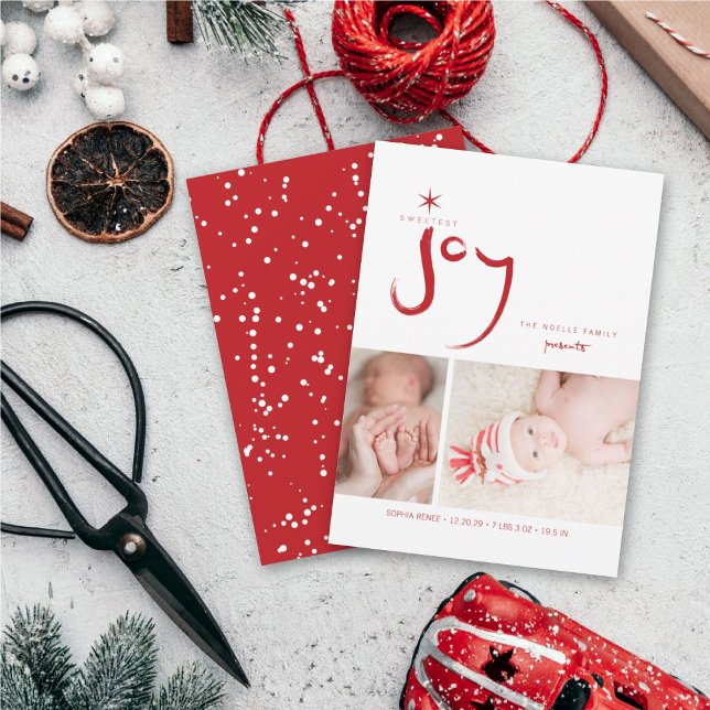 Red Sweetest Joy Cute Baby First Christmas Photo Holiday Card (Creator Uploaded)