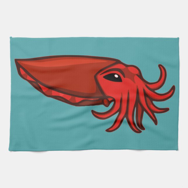 Red Swimming Cuttlefish Tea Towel (Horizontal)